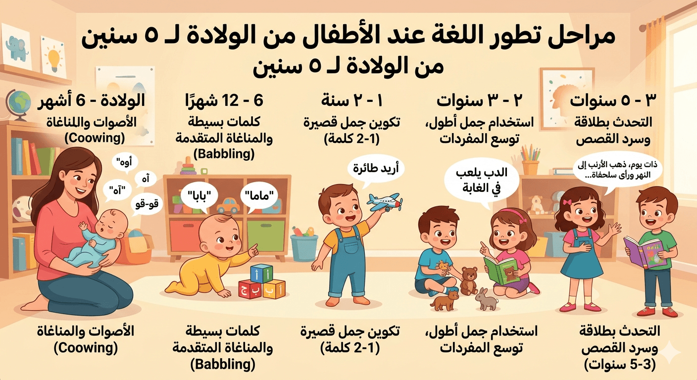 مراحل تطور اللغة عند الأطفال من الولادة لـ ٥ سنين