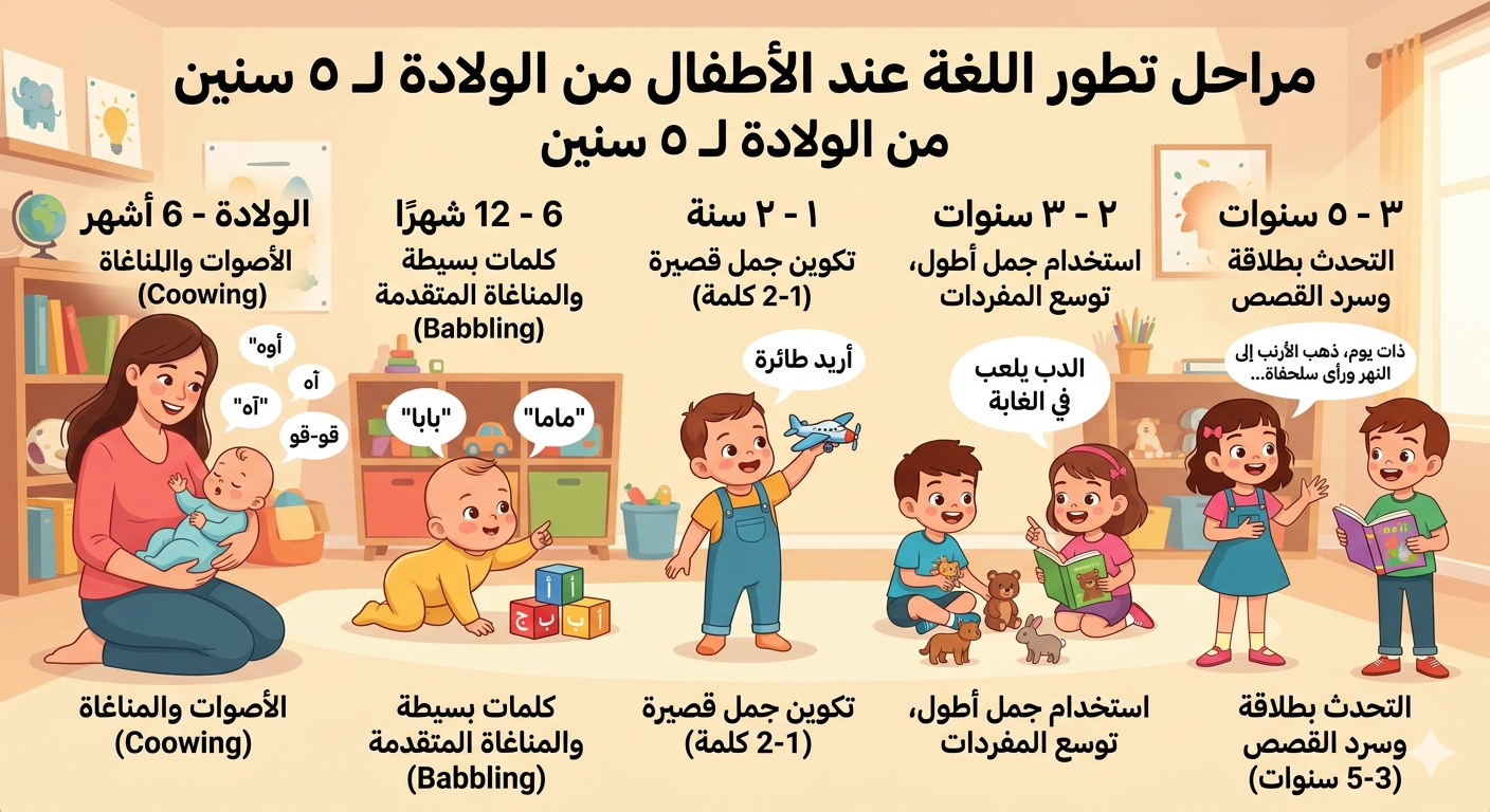 مراحل تطور اللغة عند الأطفال من الولادة لـ ٥ سنين